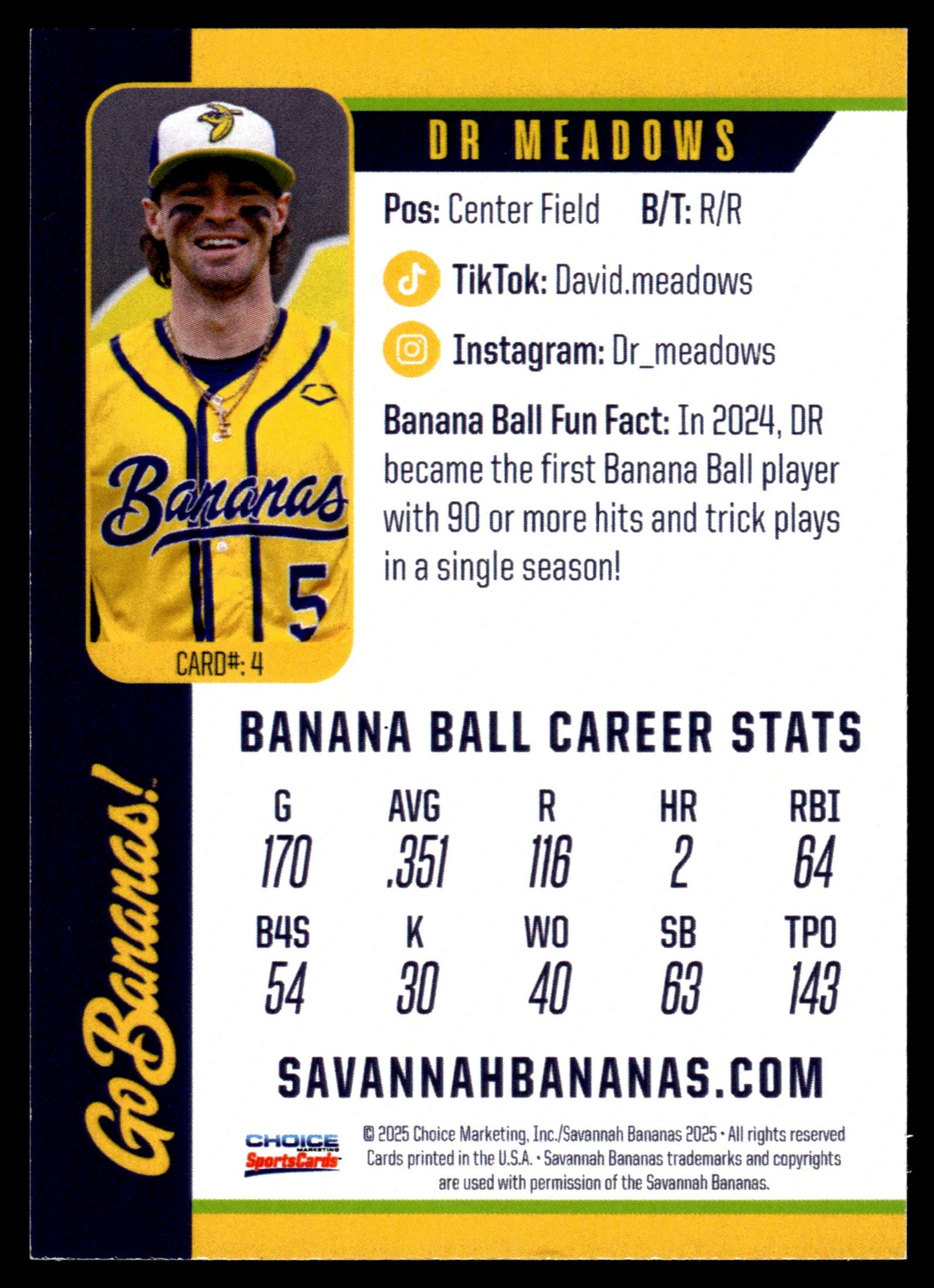 DR Meadows Savannah Bananas Autographed Oversized Trading Card