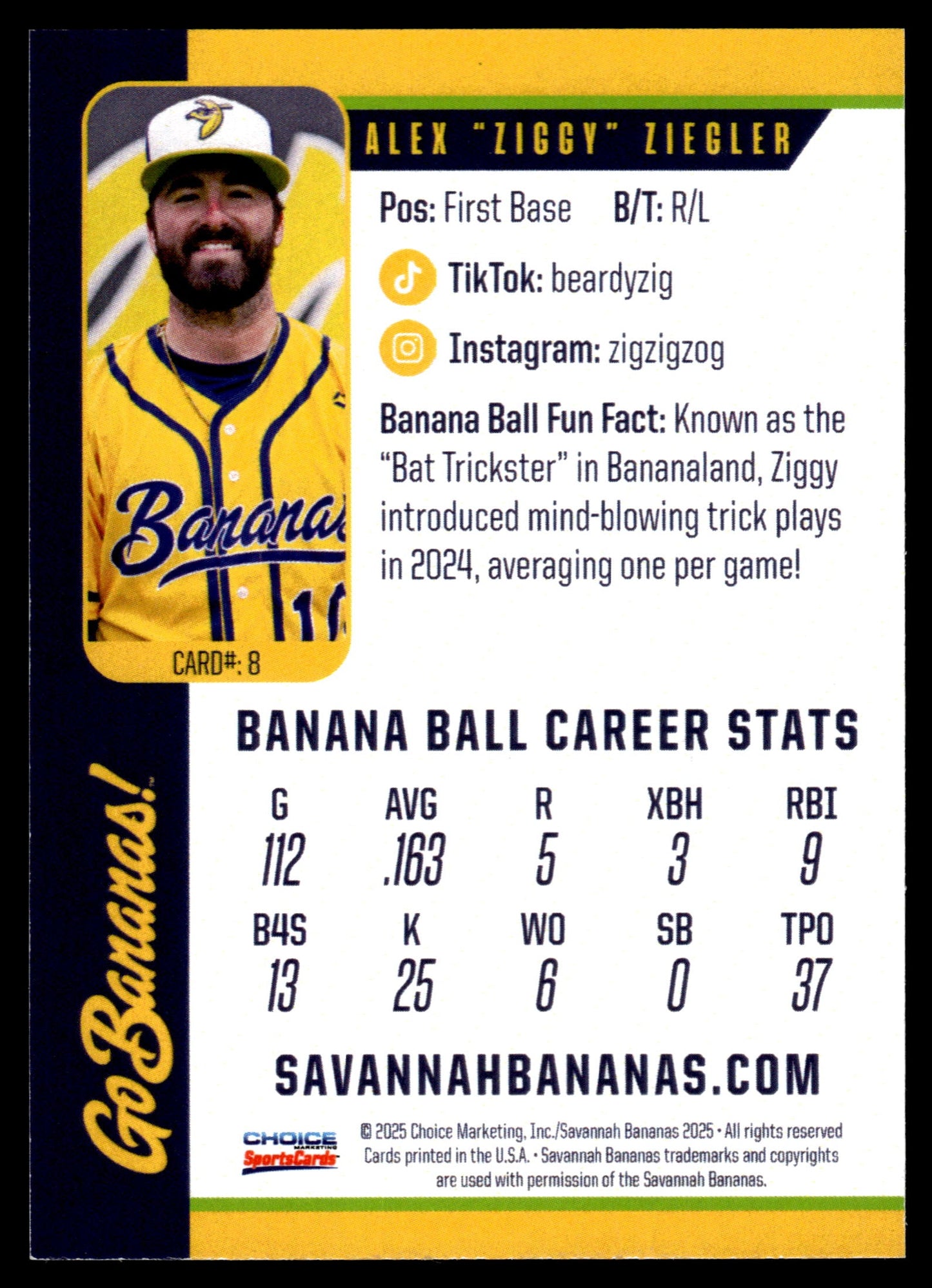 Alex "Ziggy" Ziegler Savannah Bananas Autographed Oversized Trading Card