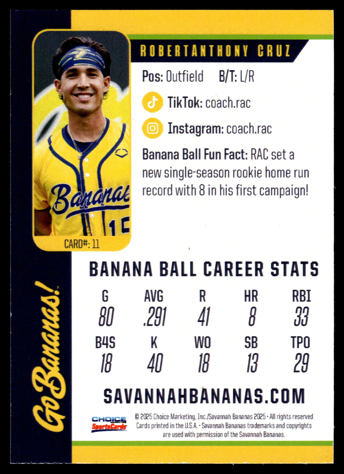RobertAnthony Cruz Savannah Bananas Autographed Oversized Trading Card