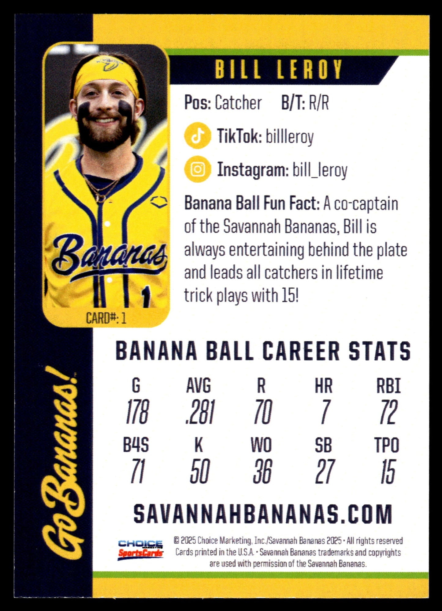 Bill Leroy Savannah Bananas Autographed Oversized Trading Card