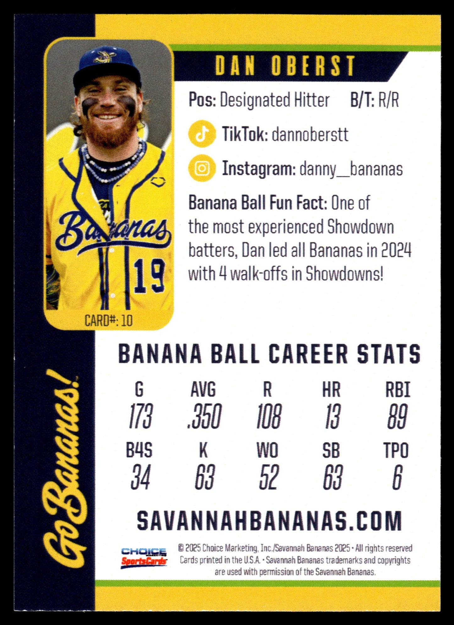 Dan Oberst Savannah Bananas Autographed Oversized Trading Card