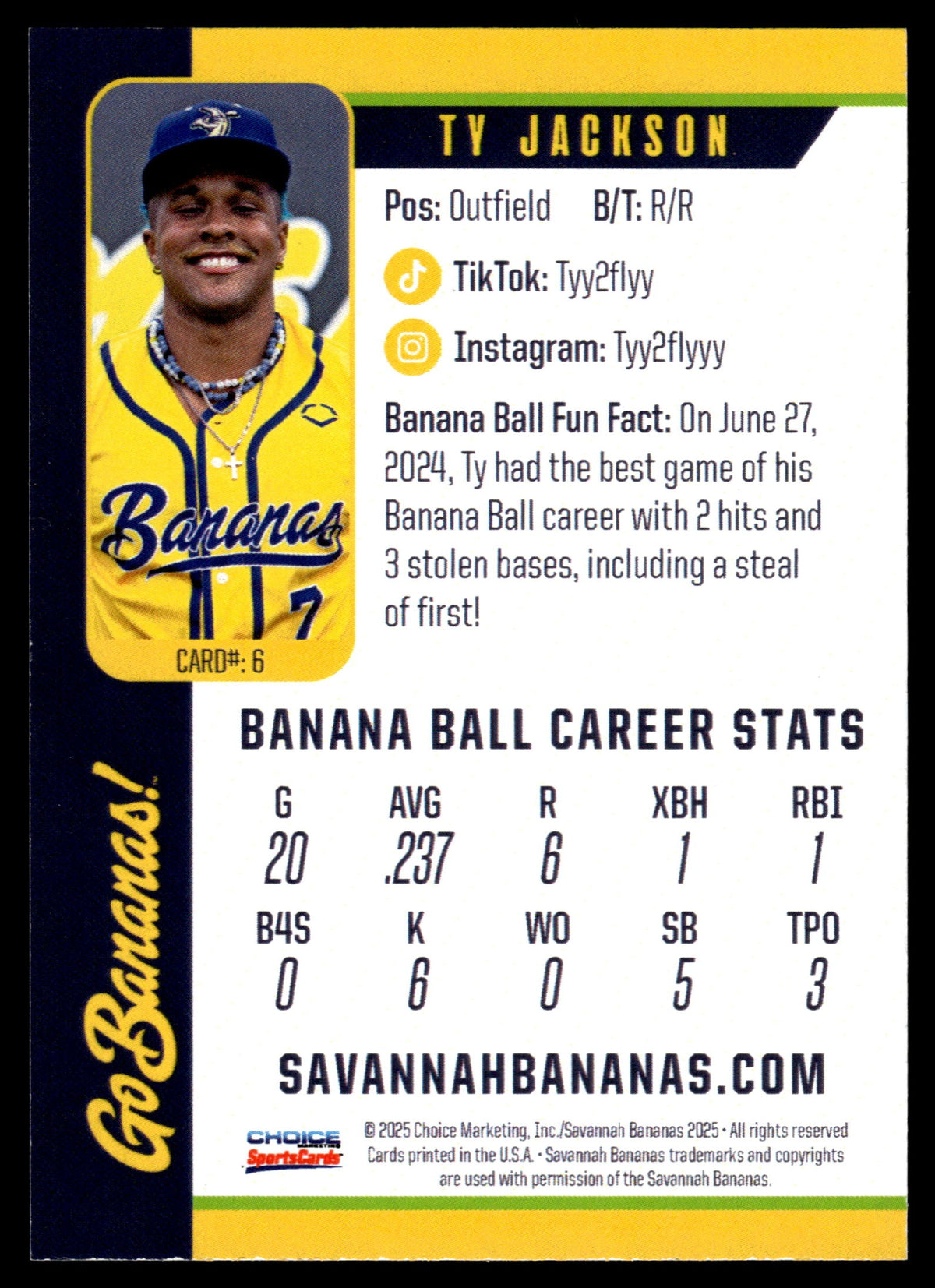 Ty Jackson Savannah Bananas Autographed Oversized Trading Card
