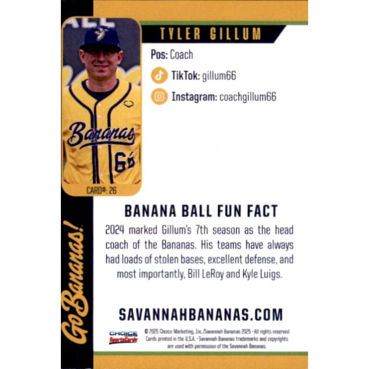 Tyler Gillum Savannah Bananas Autographed Oversized Trading Card