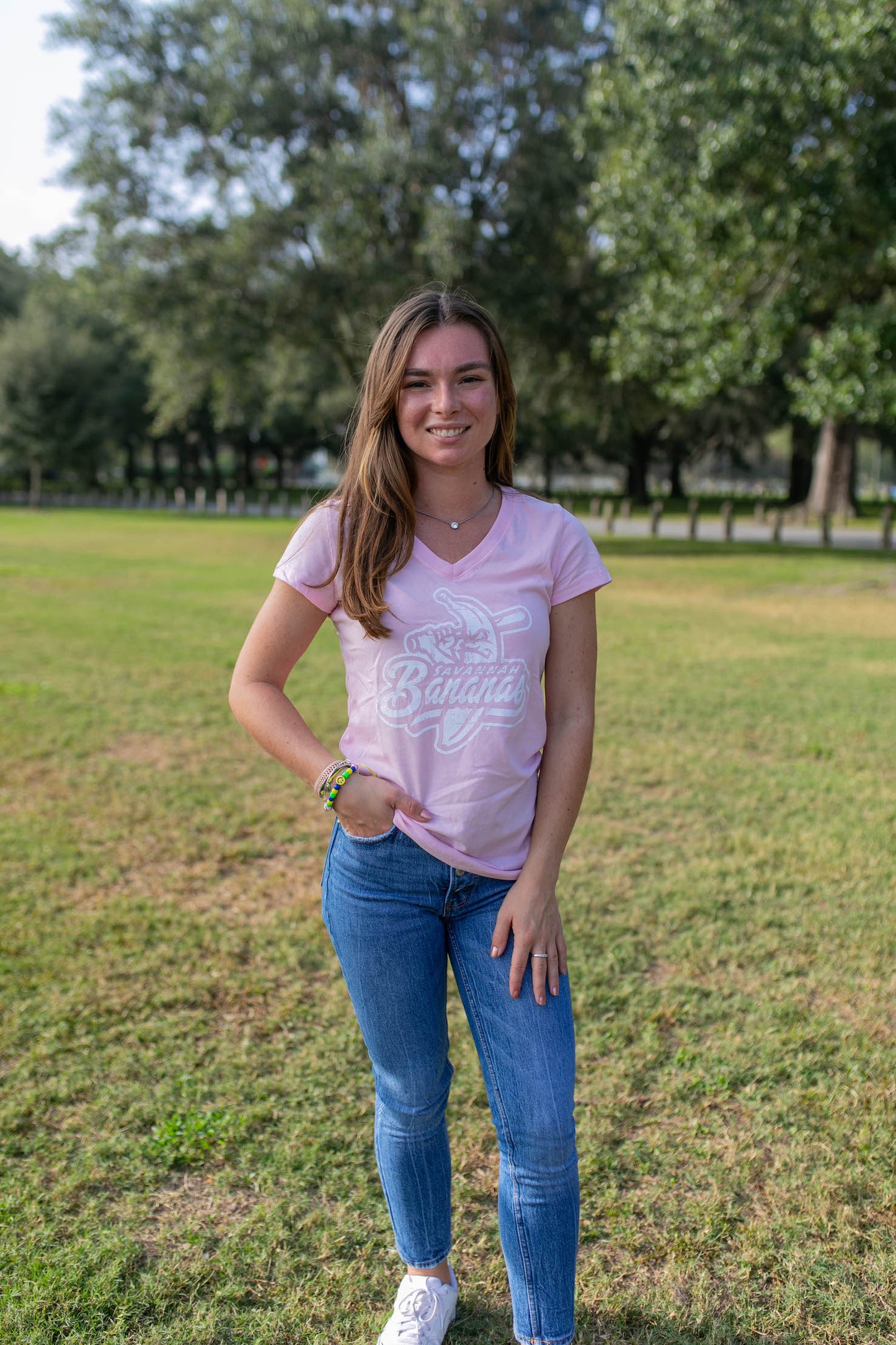 WOMEN'S Bananas Short Sleeve Primary Logo V-Neck Tee - Light Pink