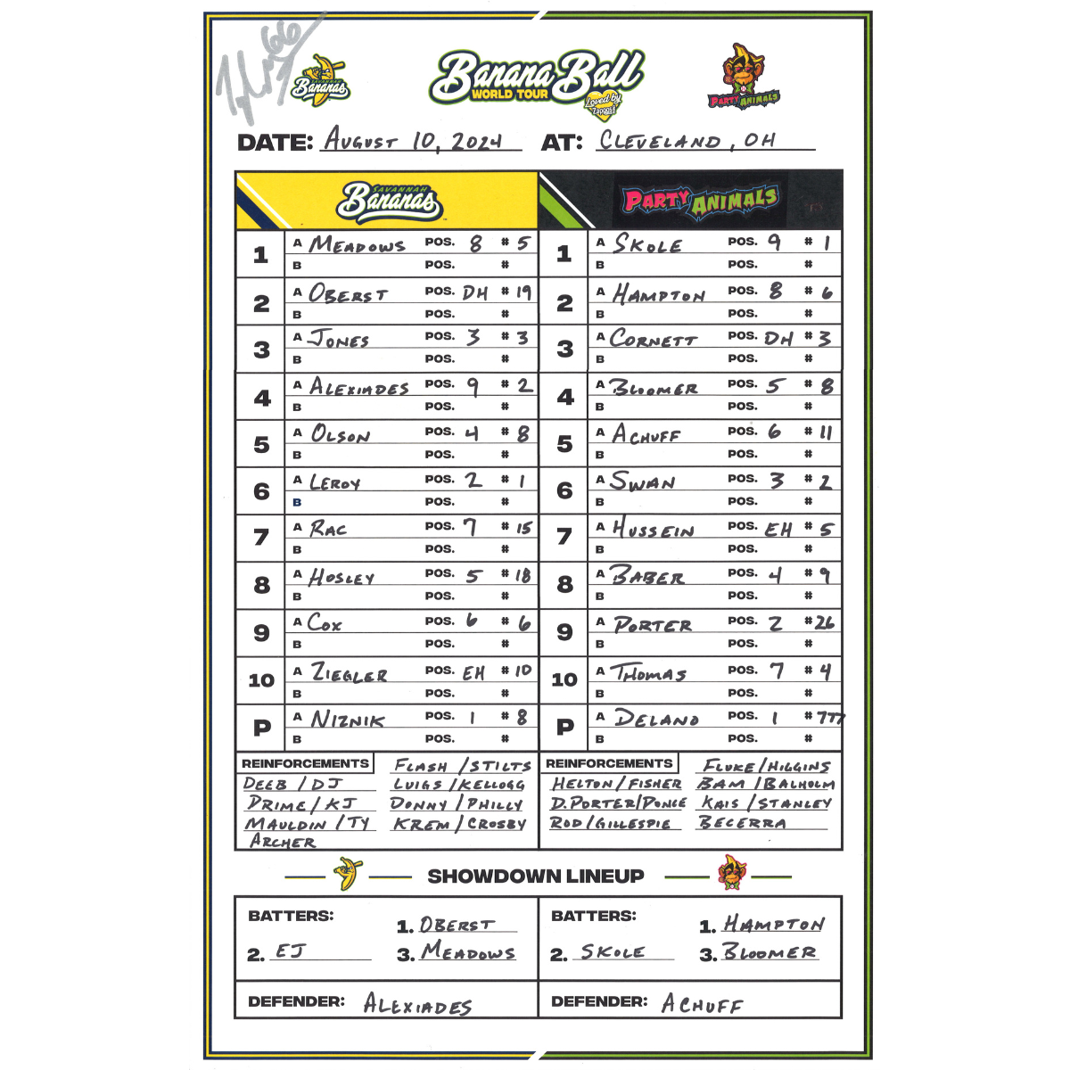 Savannah Bananas v.s Party Animals 11"x17" Lineup Card - Progressive Field 08/10/2024 - Signed by Tyler Gillum