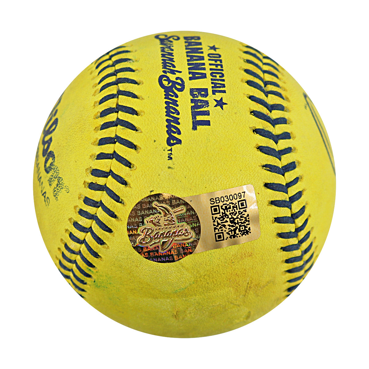 Robert Anthony Cruz Savannah Bananas Autographed and Inscribed Game Used Banana Ball from 3/15/25 at Tampa - Bottom 7 Foul Ball