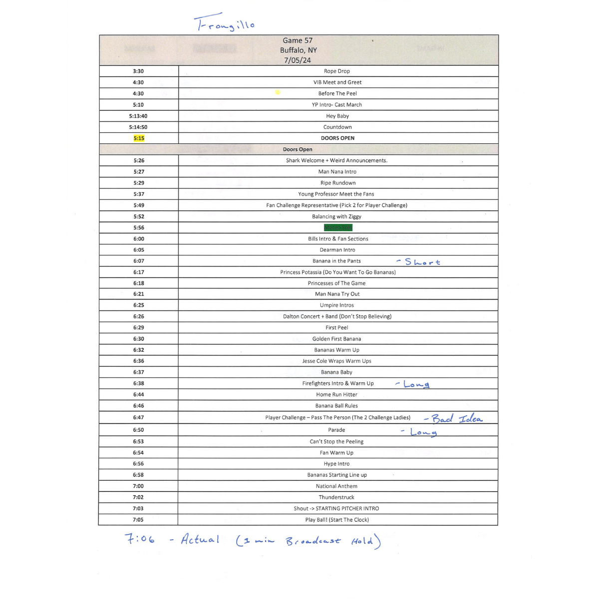 Savannah Bananas July 5, 2024 Buffalo Show Script - Director of Entertainment: Zach Frongillo