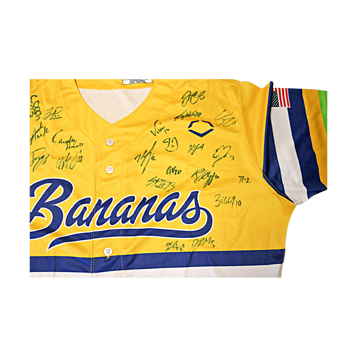 Savannah Bananas 2025 Team Autographed Game Model Bananas Multi Color Striped Yellow Evoshield Jersey