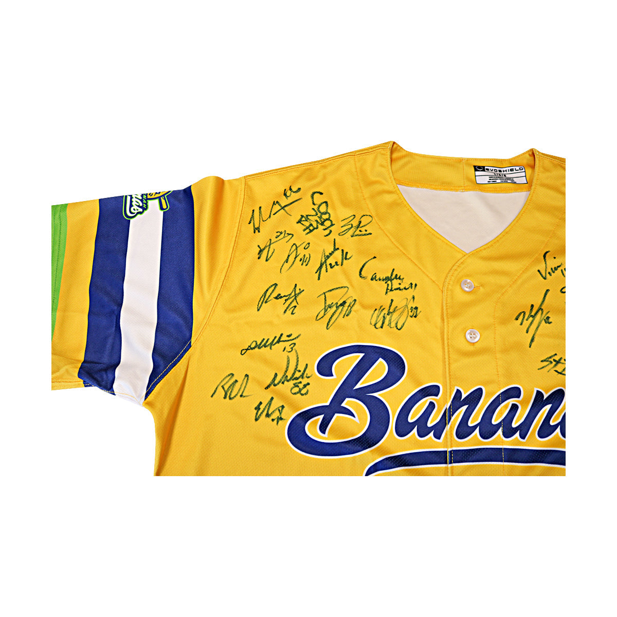 Savannah Bananas 2025 Team Autographed Game Model Bananas Multi Color Striped Yellow Evoshield Jersey