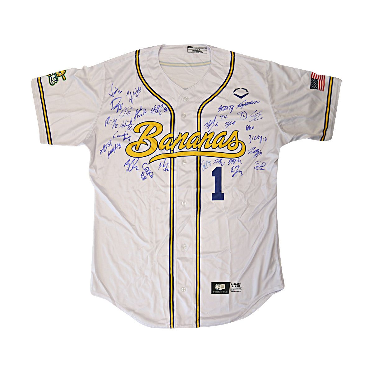 Savannah Bananas 2025 Team Autographed Game Model Bananas White Evoshield Jersey