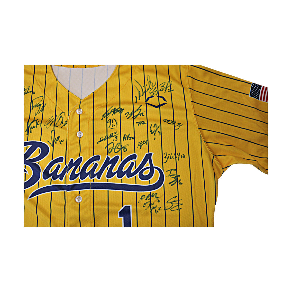 Savannah Bananas 2025 Team Autographed Game Model Bananas Yellow Pinstripe Evoshield Jersey