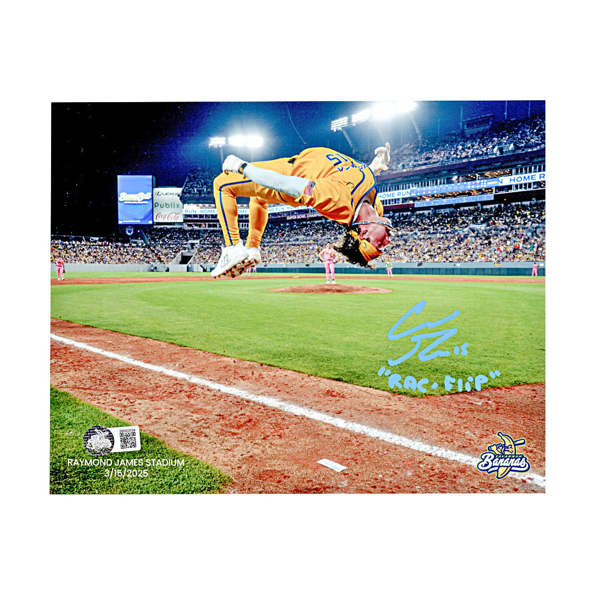 Robert Anthony Cruz Autographed Inscribed 'RAC-Flip' Savannah Bananas 8x10 Photograph - In Blue