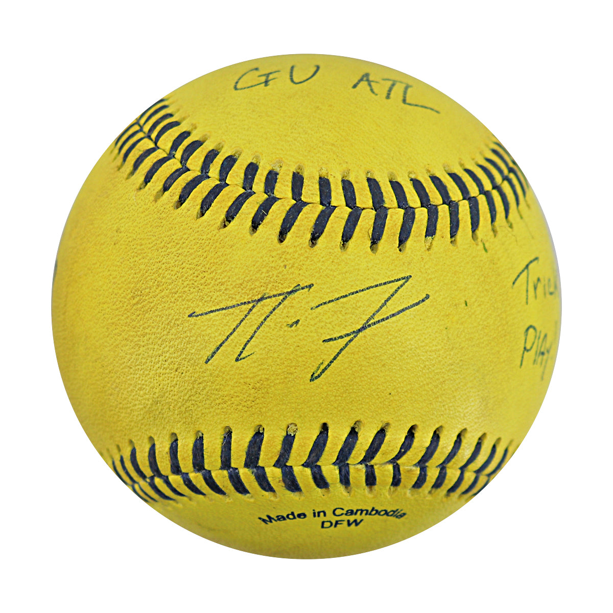 Ty Jackson Savannah Bananas Autographed and Inscribed Game Used Banana Ball from 3/29/25 at Atlanta - Top 2 Trick Play