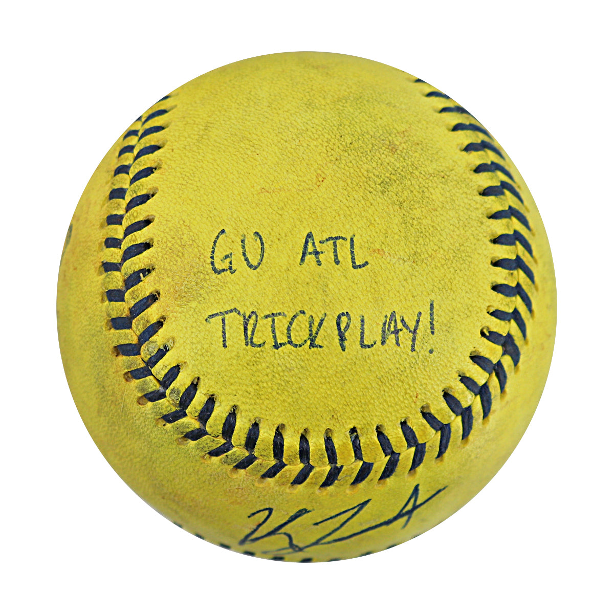 KJ Jackson Savannah Bananas Autographed and Inscribed Game Used Banana Ball from 3/29/25 at Atlanta - Top 7 Last Out Trick Play