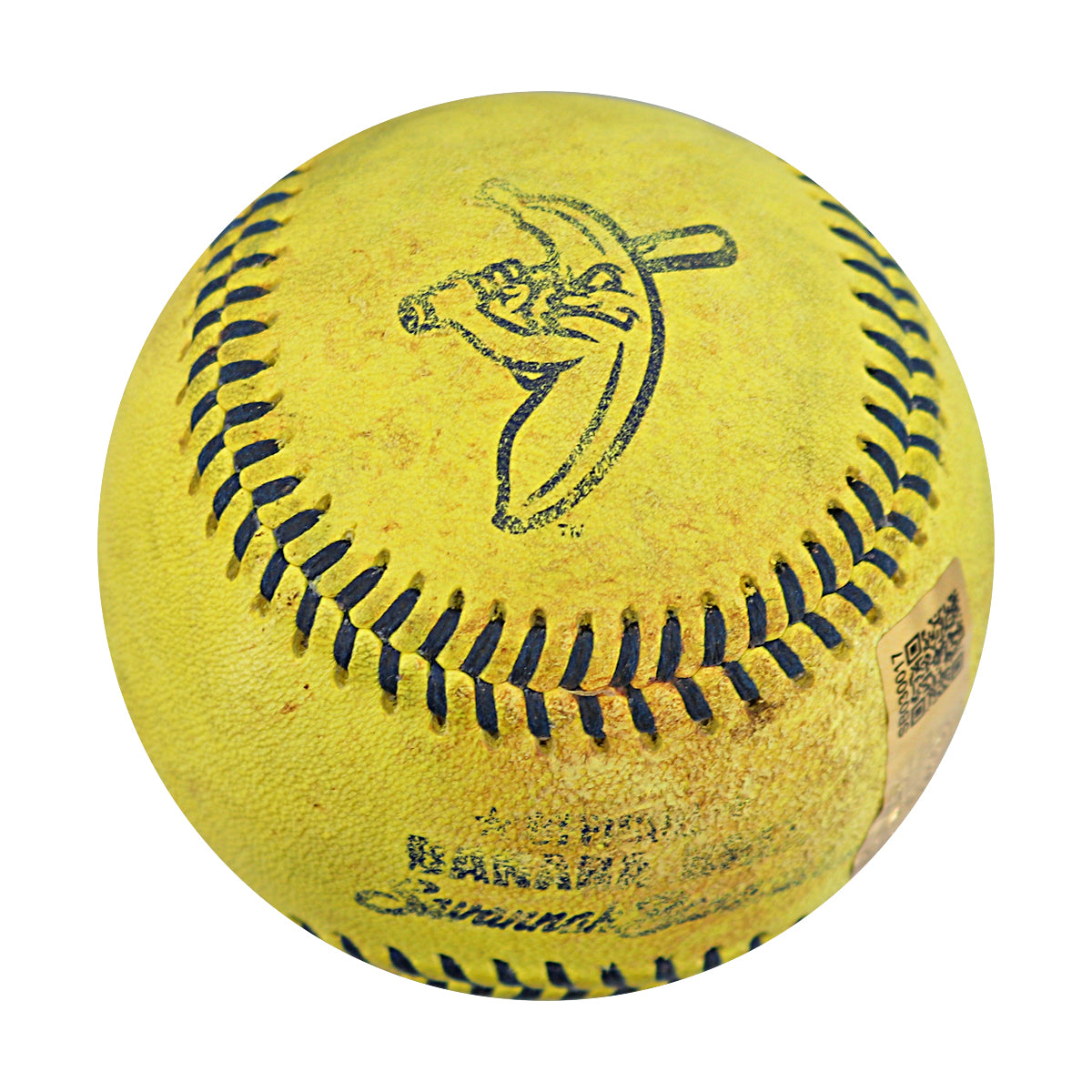 KJ Jackson Savannah Bananas Autographed and Inscribed Game Used Banana Ball from 3/29/25 at Atlanta - Top 7 Last Out Trick Play