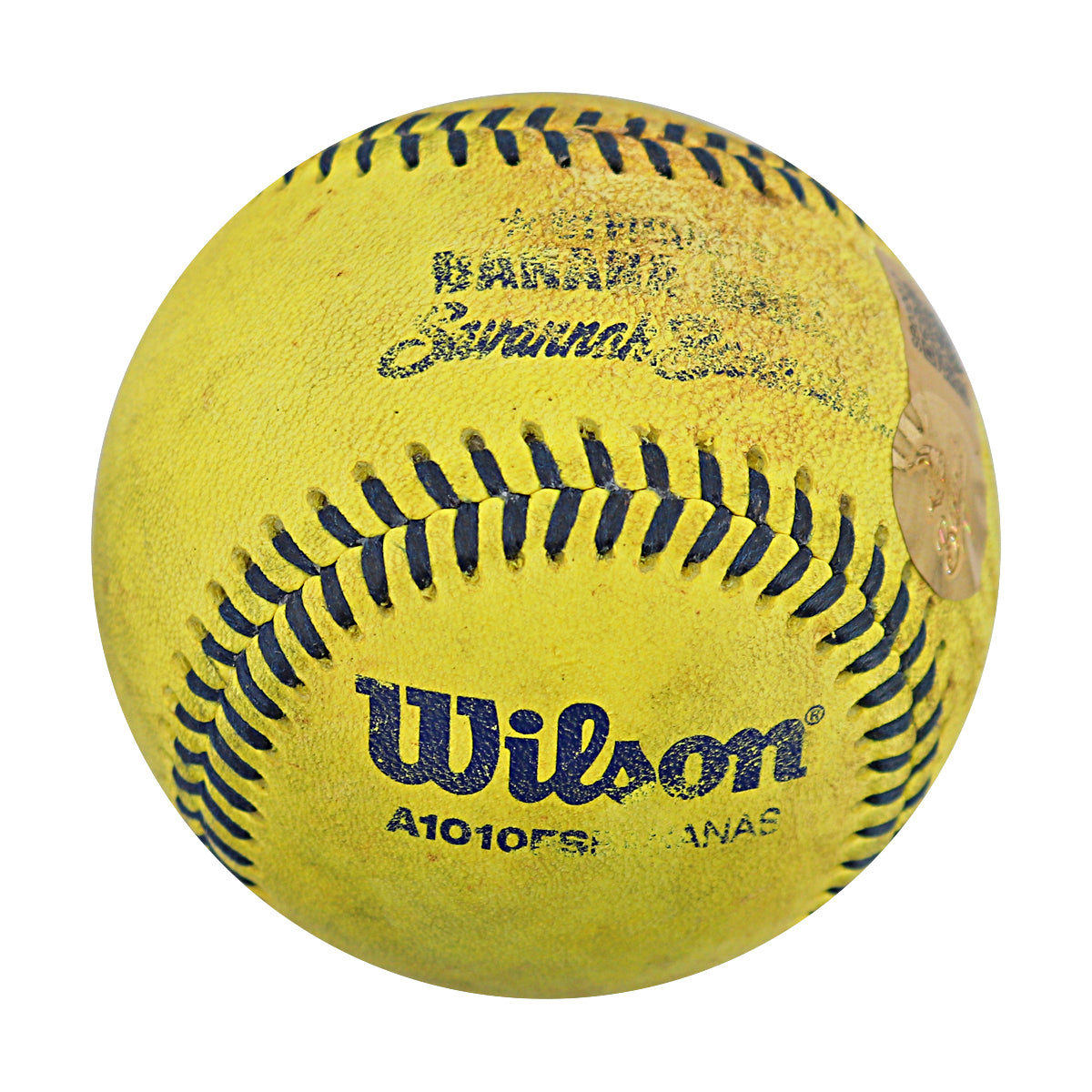 KJ Jackson Savannah Bananas Autographed and Inscribed Game Used Banana Ball from 3/29/25 at Atlanta - Top 7 Last Out Trick Play