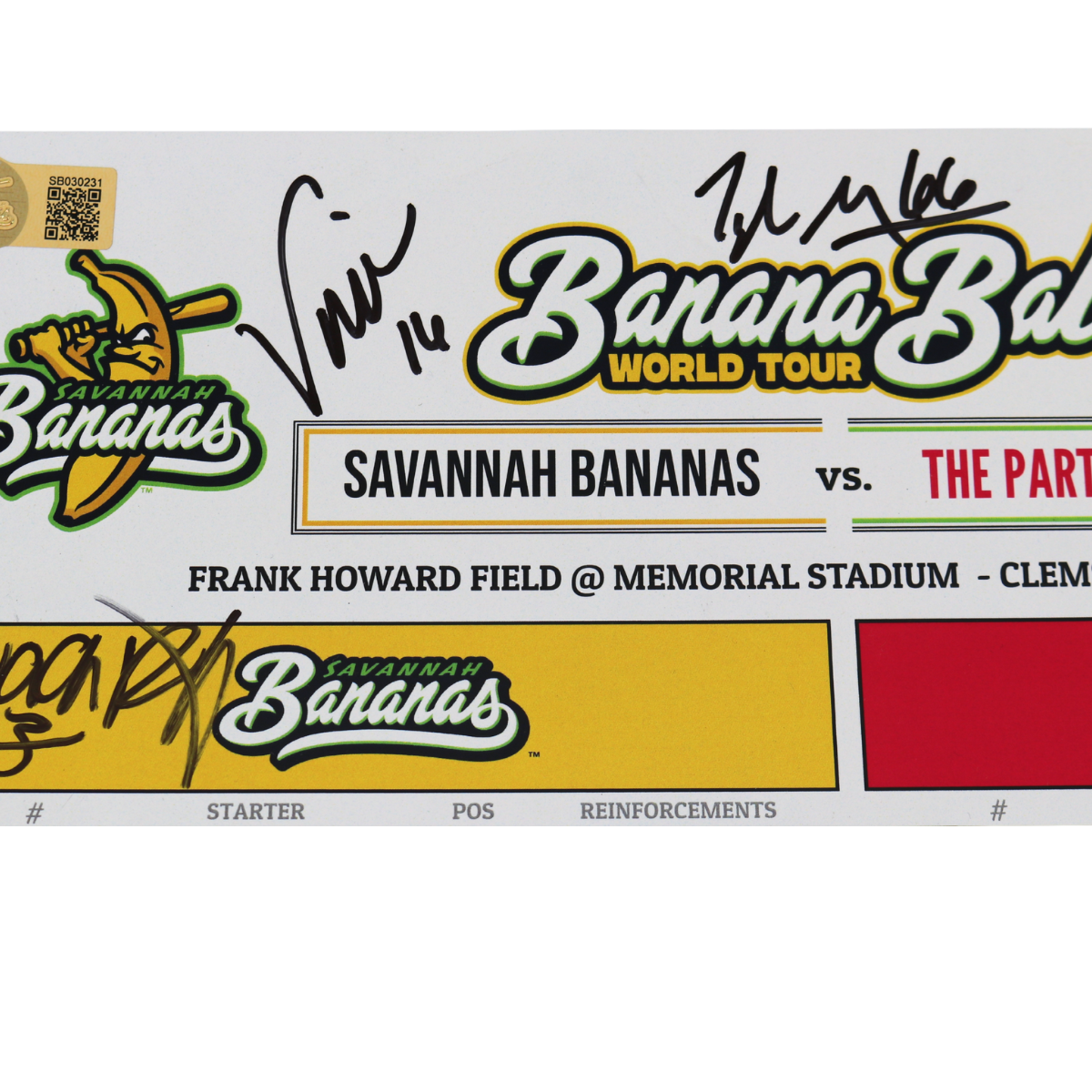 Tyler Gillum, Coach Virant, Coach Horton, Coach Fox Savannah Bananas Multi Autographed Game Used Lineup Card vs Party Animals from 4/26/25 at Clemson