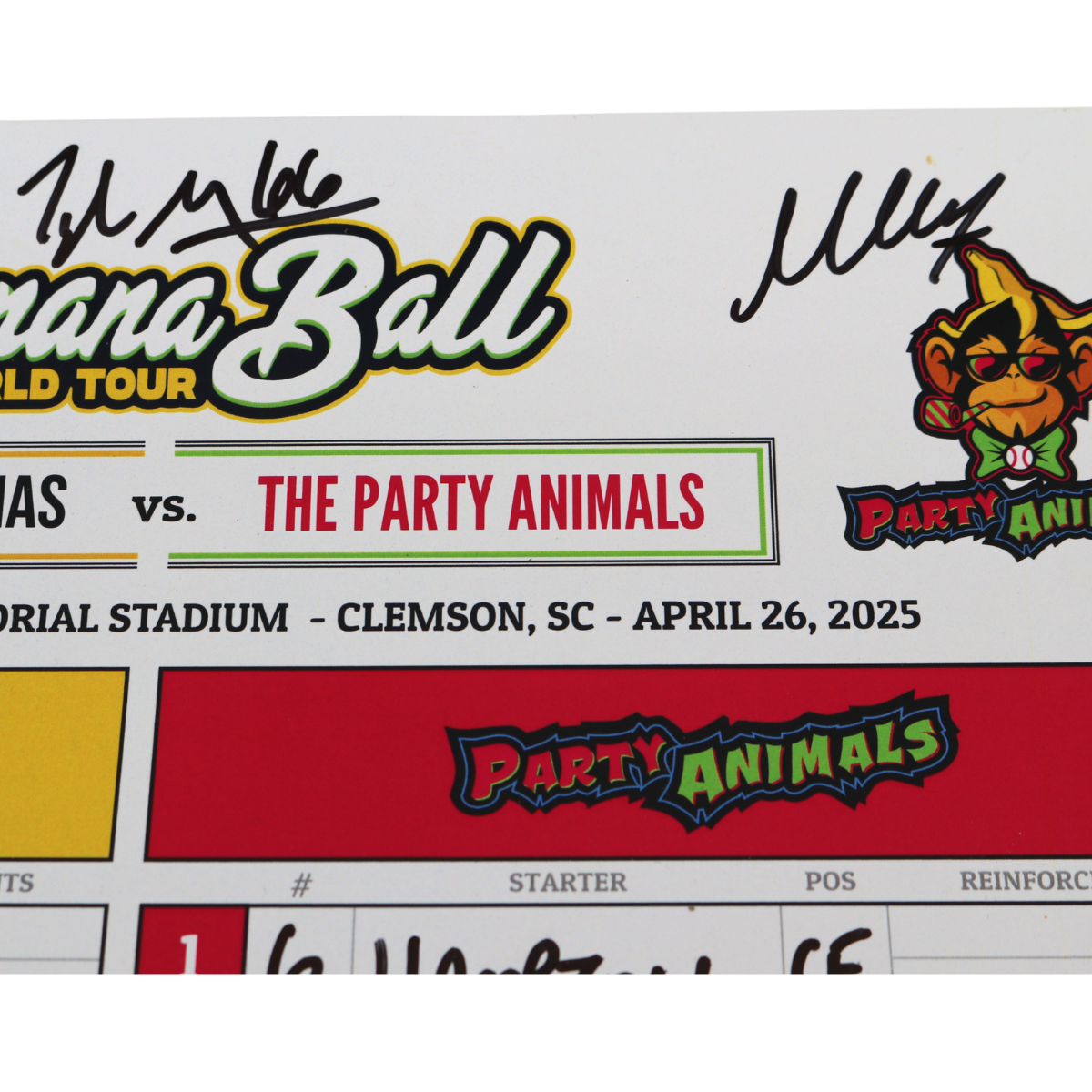 Tyler Gillum, Coach Virant, Coach Horton, Coach Fox Savannah Bananas Multi Autographed Game Used Lineup Card vs Party Animals from 4/26/25 at Clemson