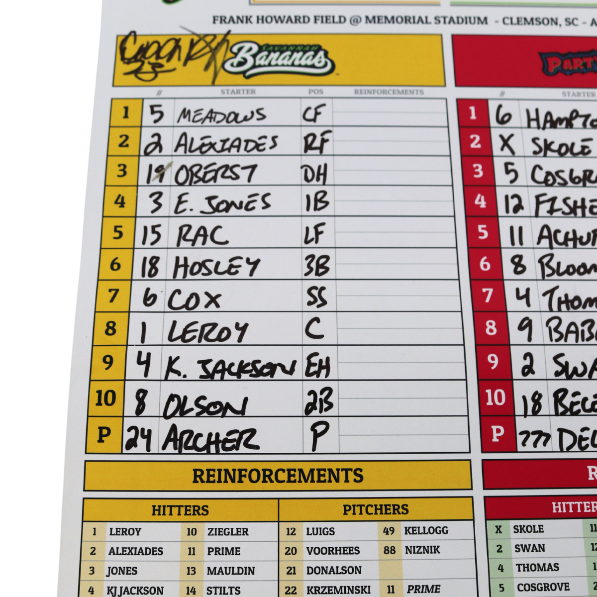 Tyler Gillum, Coach Virant, Coach Horton, Coach Fox Savannah Bananas Multi Autographed Game Used Lineup Card vs Party Animals from 4/26/25 at Clemson