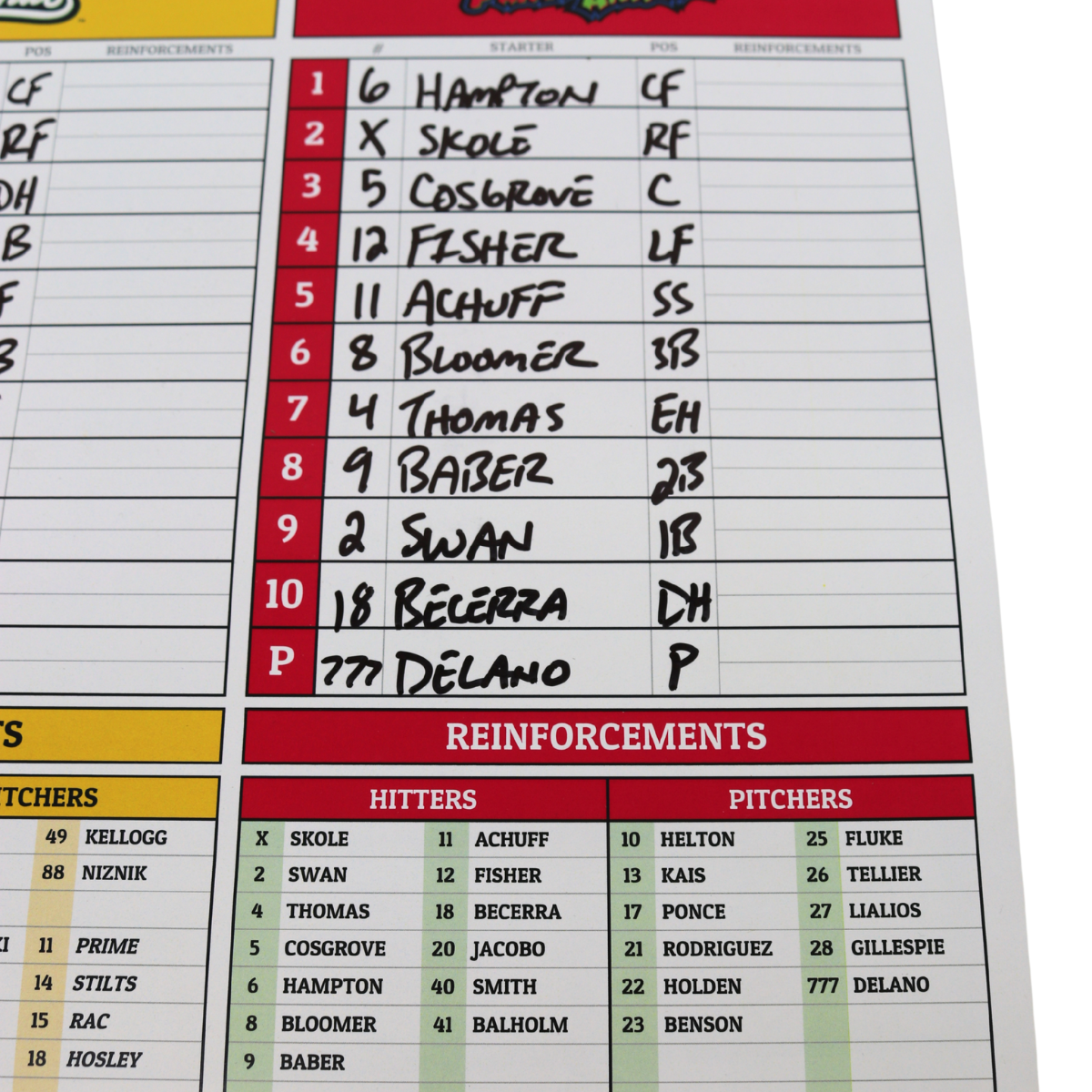 Tyler Gillum, Coach Virant, Coach Horton, Coach Fox Savannah Bananas Multi Autographed Game Used Lineup Card vs Party Animals from 4/26/25 at Clemson
