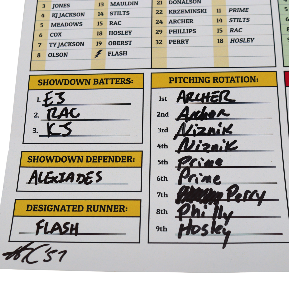 Tyler Gillum, Coach Virant, Coach Horton, Coach Fox Savannah Bananas Multi Autographed Game Used Lineup Card vs Party Animals from 4/26/25 at Clemson