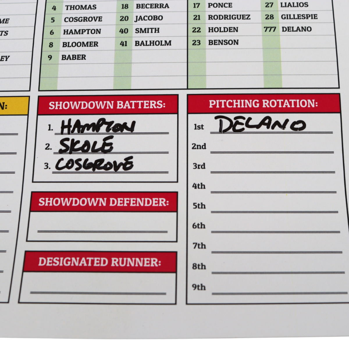 Tyler Gillum, Coach Virant, Coach Horton, Coach Fox Savannah Bananas Multi Autographed Game Used Lineup Card vs Party Animals from 4/26/25 at Clemson