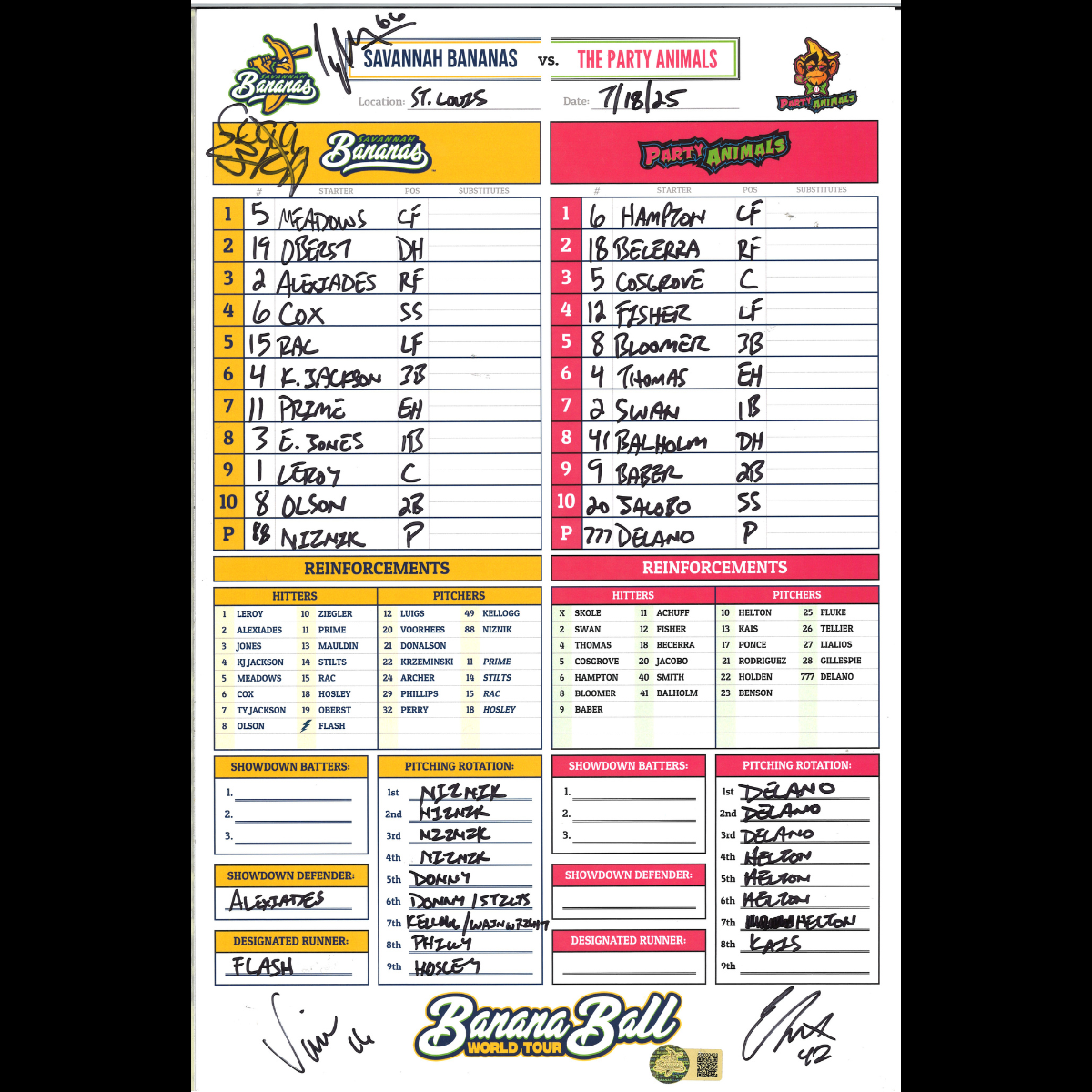 Virant Gillum Horton Fox Autographed GU Lineup Card 7.18.25 Busch Stadium