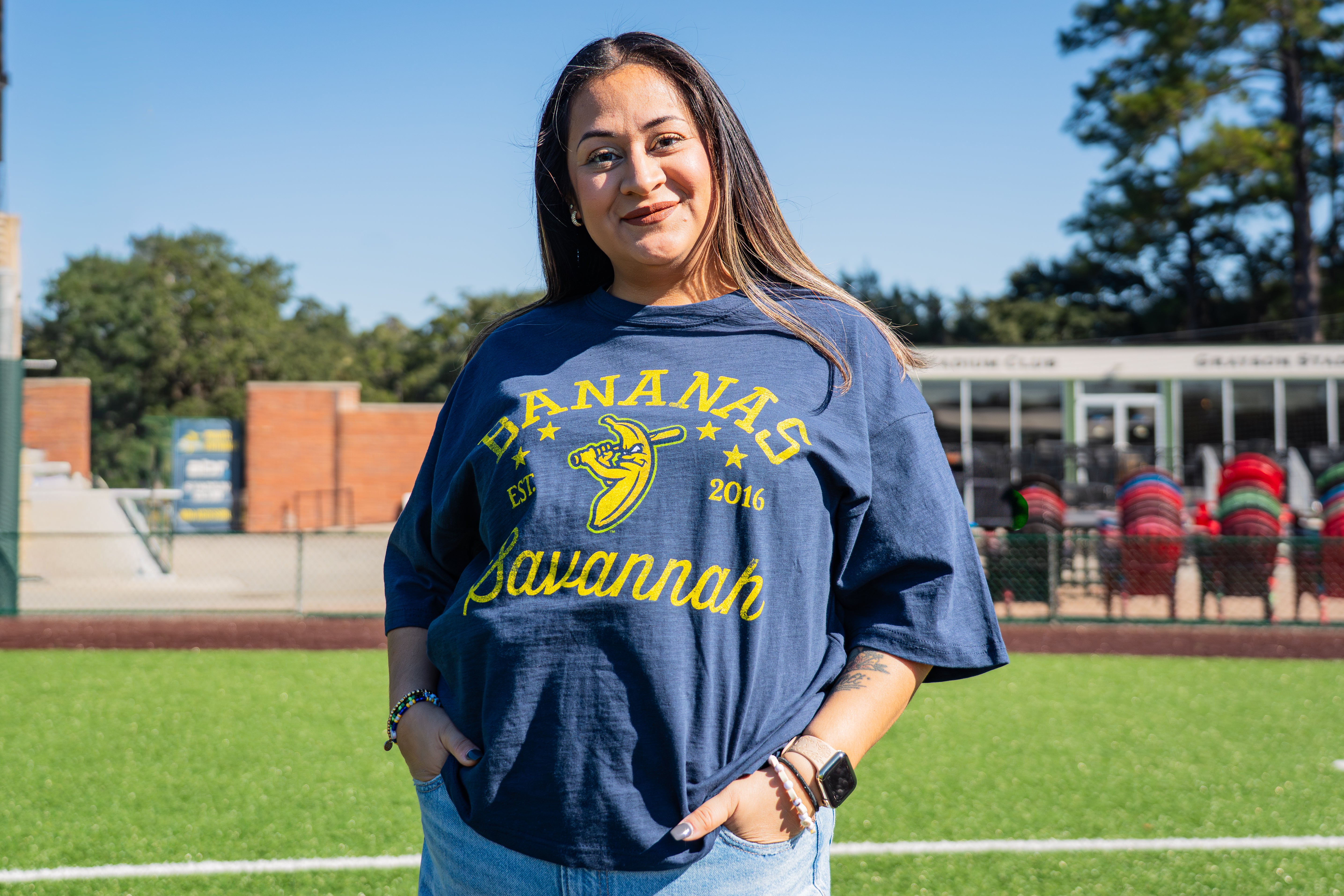 WOMEN'S Bananas Jade Motley Mid Rise Tee - Navy – Banana Ball