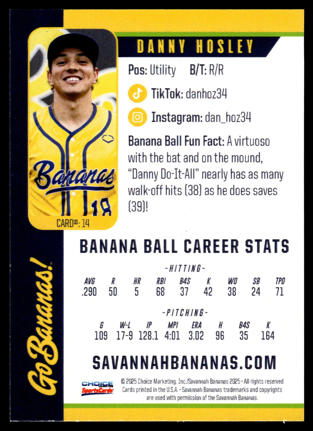 Danny Hosley Savannah Bananas Autographed Oversized Trading Card