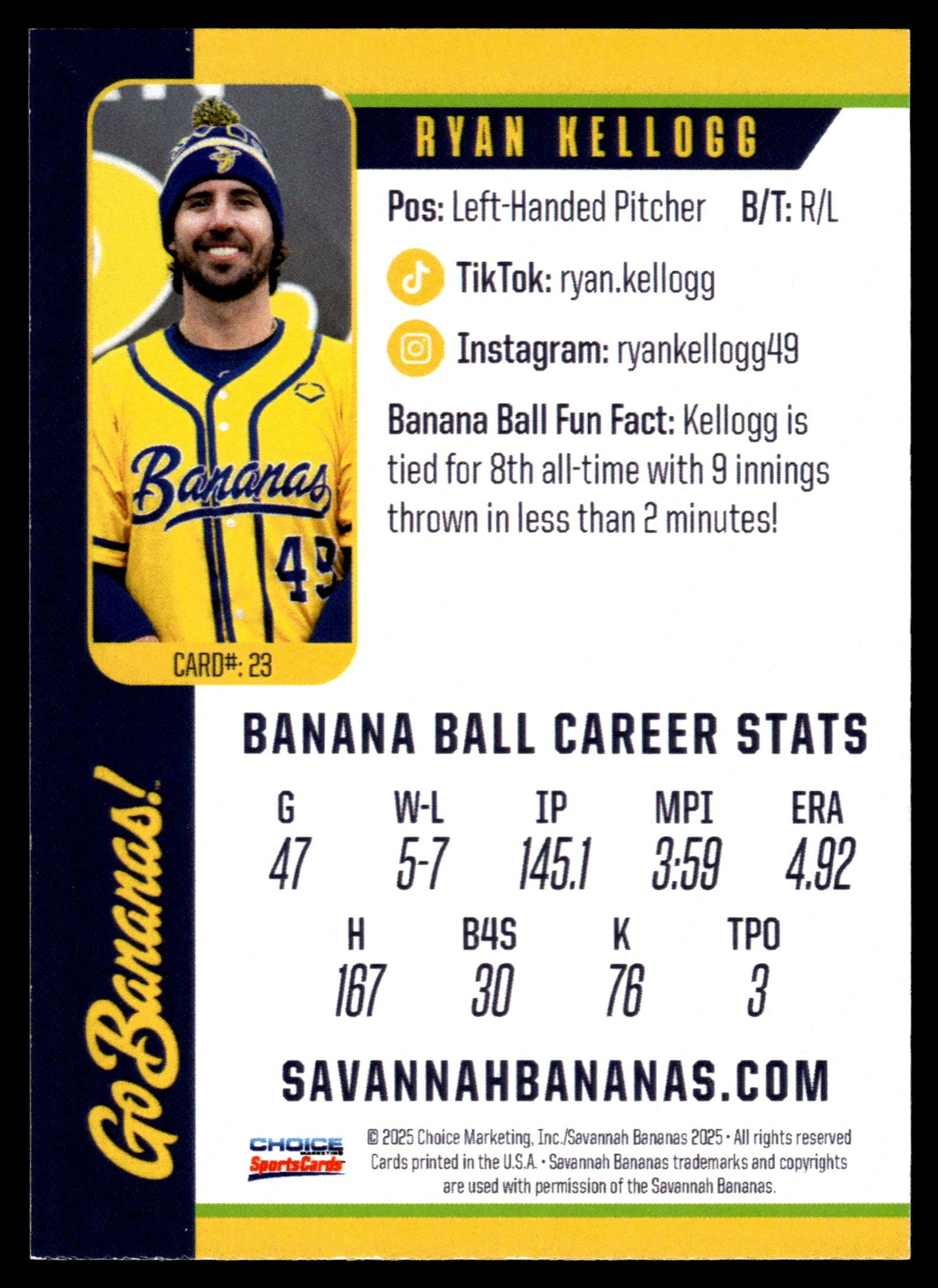 Ryan Kellogg Savannah Bananas Autographed Oversized Trading Card