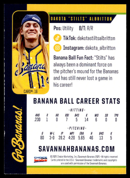 Dakota Albritton Savannah Bananas Autographed Oversized Trading Card