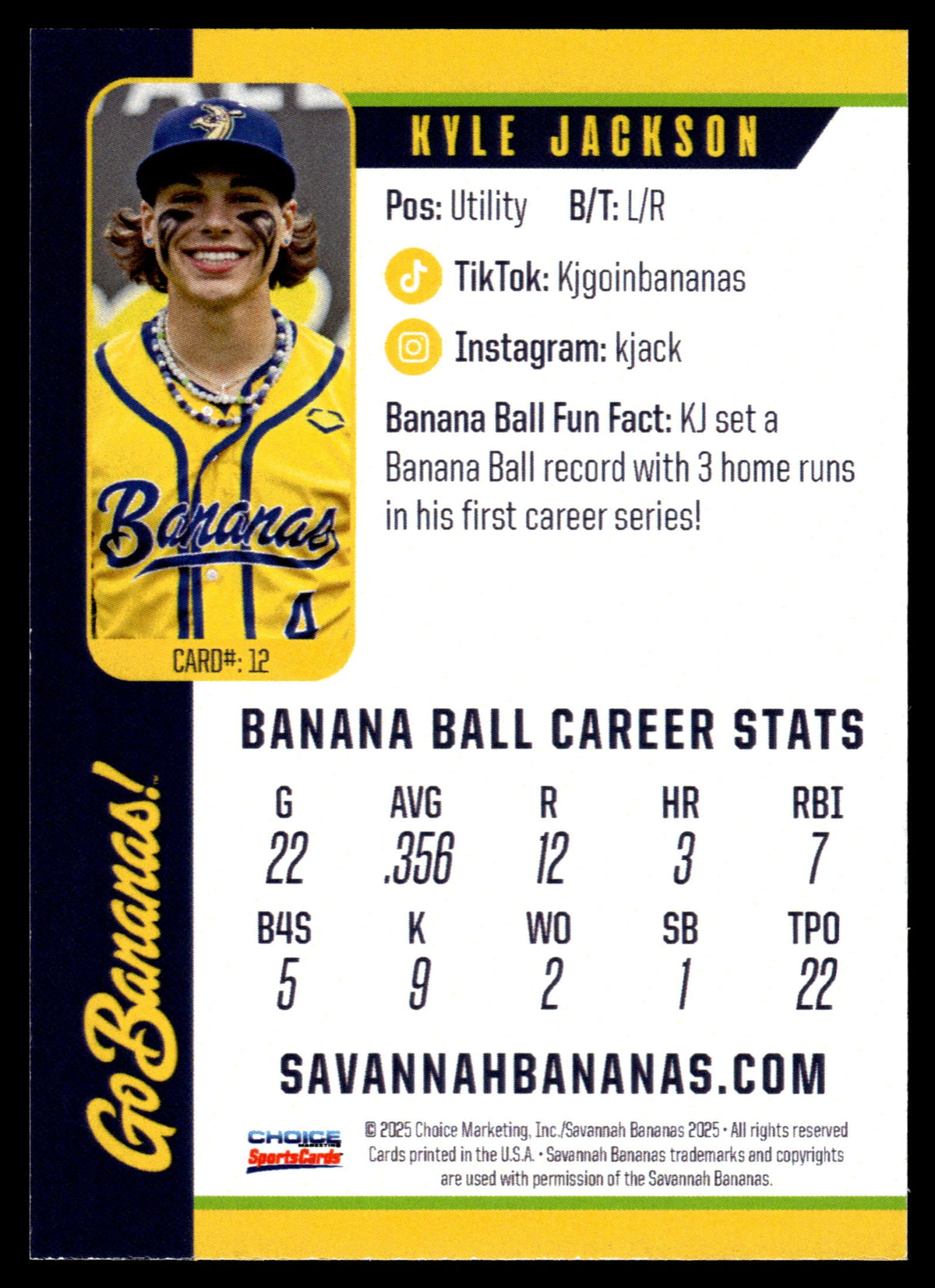 Kyle KJ Jackson Savannah Bananas Autographed Oversized Trading Card