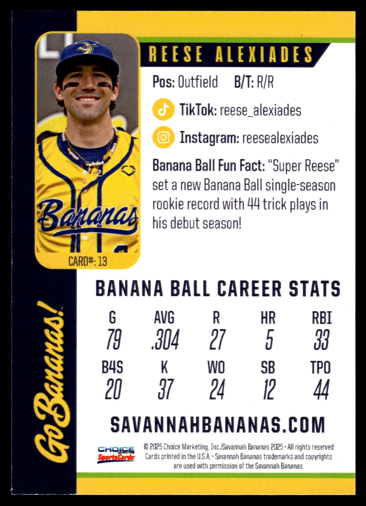 Reese Alexiades Savannah Bananas Autographed Oversized Trading Card