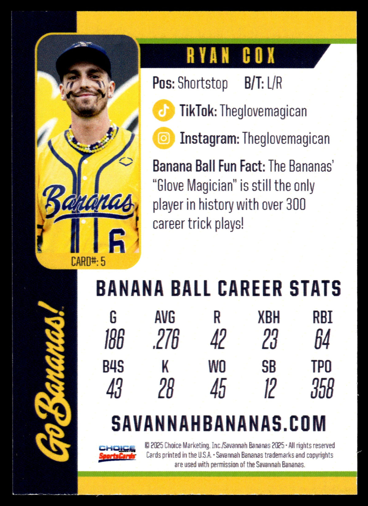 Ryan Cox Savannah Bananas Autographed Oversized Trading Card