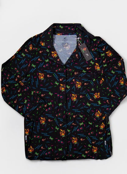 Party Animals Long Sleeve Neon Button Down Pajama Shirt - Black