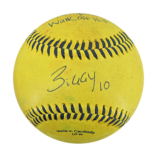 Alex Ziegler Savannah Bananas Autographed and Inscribed Game Used Banana Ball from 3/15/25 at Tampa - Bottom 5 Walk Off Hit