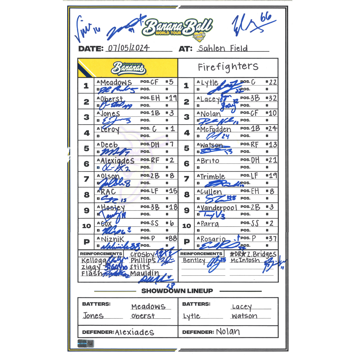 Savannah Bananas vs Firefighters 11"x17" Lineup Card - Sahlen Field 07/05/2024 - Signed by Gillum, Virant, Ortega