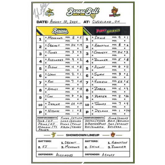 Savannah Bananas vs Party Animals 11"x17" Lineup Card -  Progressive Field 08/10/2024 - Signed by Tyler Gillum