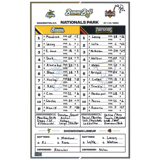 Savannah Bananas vs Party Animals 11"x17" Lineup Card - Nationals Park 07/13/2024 - Signed by Val Perez, Firefighters Manager