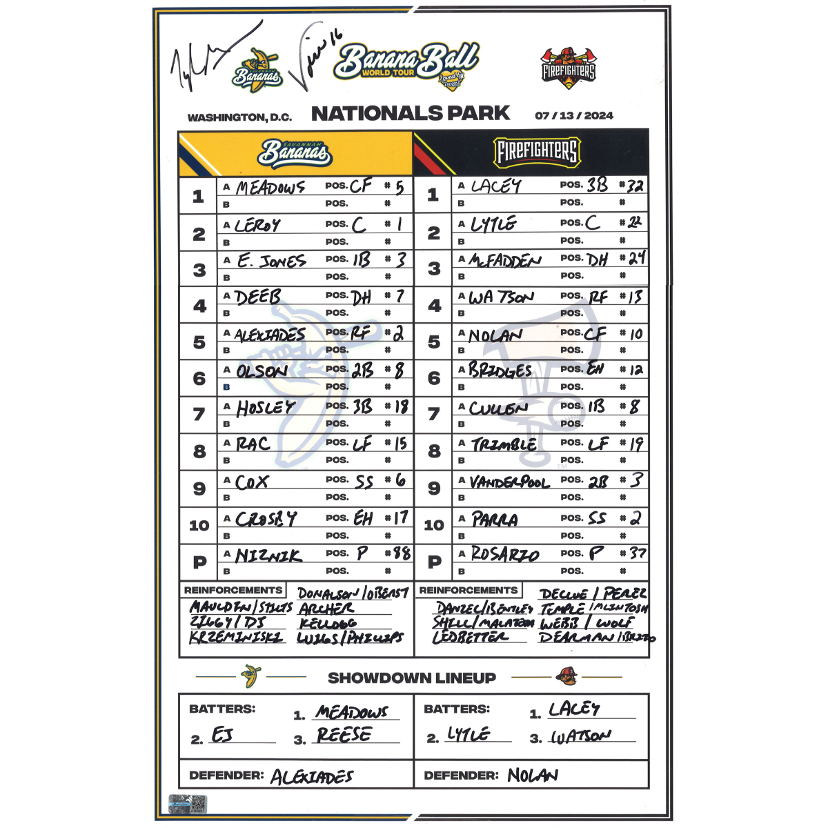 Savannah Bananas vs Party Animals 11"x17" Lineup Card - Nationals Park 07/13/2024 - Signed by Gillum and Virant