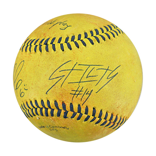 Dakota "Stilts" Albritton/Ryan Cox Savannah Bananas Dual Autographed and Inscribed Game Used Banana Ball from 3/15/25 at Tampa - Top 6 Trick Play