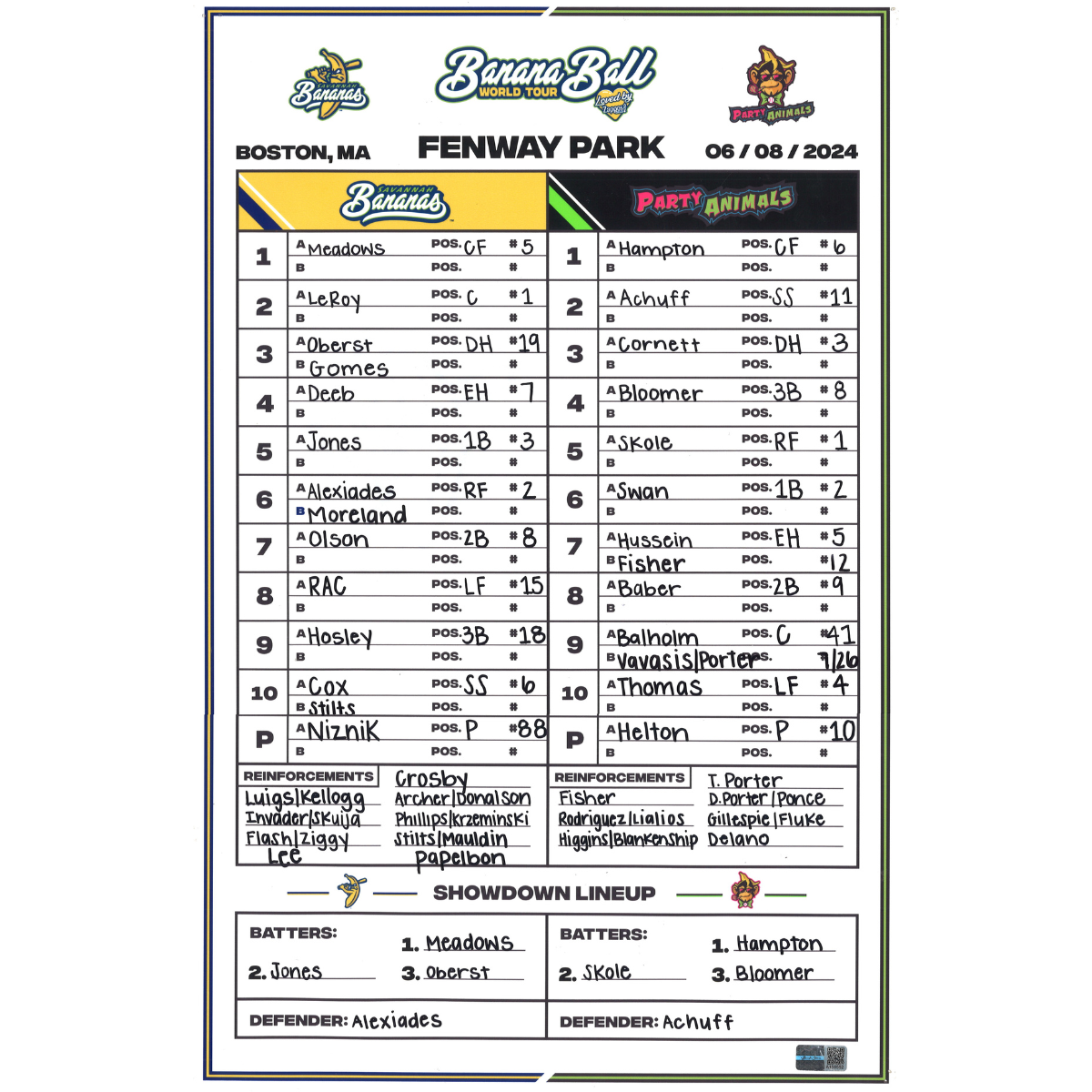 Savannah Bananas vs Party Animals Collectible 11"x17" Lineup Card - Fenway Park 06/08/2024