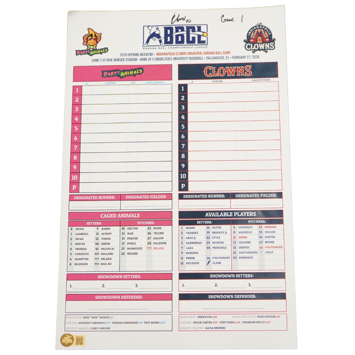 Errick Fox Indianapolis Clowns Autographed Inscribed Game Used Lineup Card 2.27.26 FSU Tallahassee Florida