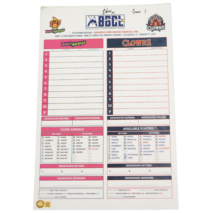 Errick Fox Indianapolis Clowns Autographed Inscribed Game Used Lineup Card 2.27.26 FSU Tallahassee Florida