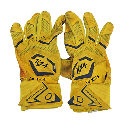 KJ Jackson Savannah Bananas Autographed Inscribed 'GU 2025' Game Worn Pair of Batting Gloves