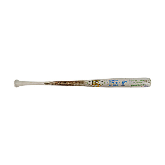 KJ Jackson Savannah Bananas Autographed Inscribed LS B415 Home Run Bat from Tampa 3/15/25 (Ty Jackson Model)