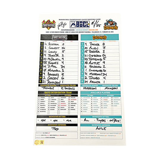 Mark Croco Val Perez Dual Signed Inscribed Game Used Lineup Card 2.26.26 FSU Tallahassee Florida