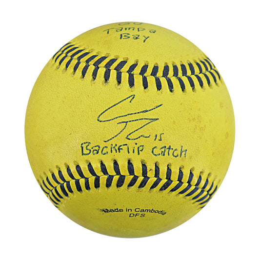 Robert Anthony Cruz Savannah Bananas Autographed and Inscribed Game Used Banana Ball from 3/15/25 at Tampa - Top 3 Back Flip Catch