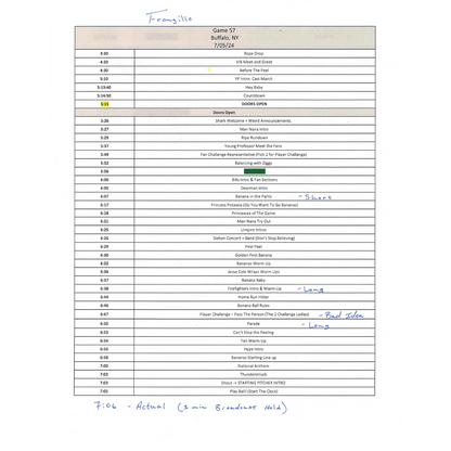 Savannah Bananas July 5, 2024 Buffalo Show Script - Director of Entertainment: Zach Frongillo