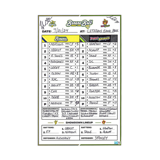 Tyler Gillum/Mike Vavasis Autographed Savannah Bananas vs Party Animals 2024 Game Used Lineup Card from Citizens Bank Park - 9/21/24